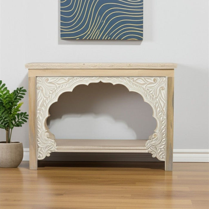 56" Solid Wood Distressed Console Table With Shelf - Natural And White