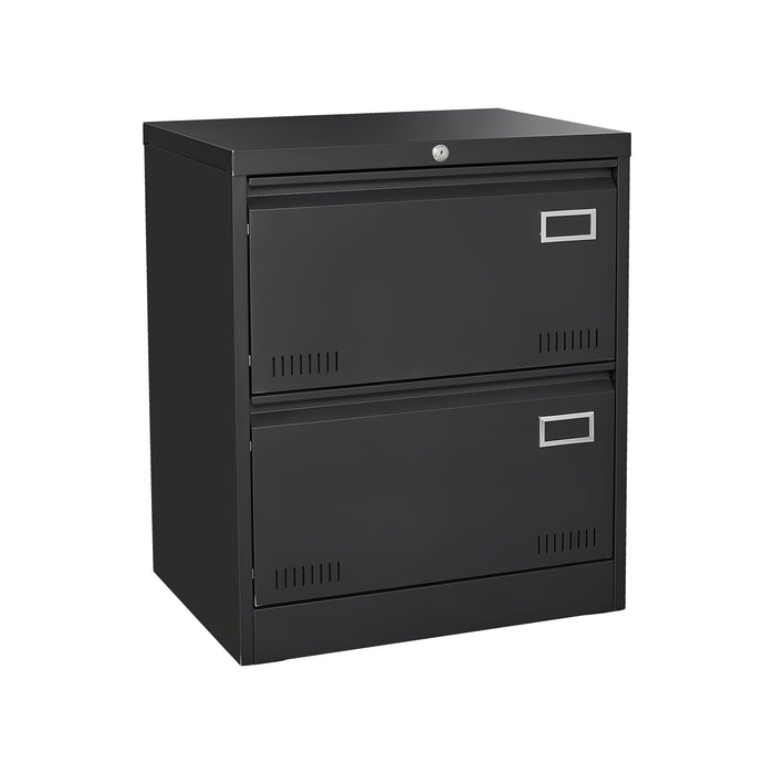 Black Giga 2-drawer metal lateral filing cabinet with lock, ideal for home office storage, featuring vertical file organization.