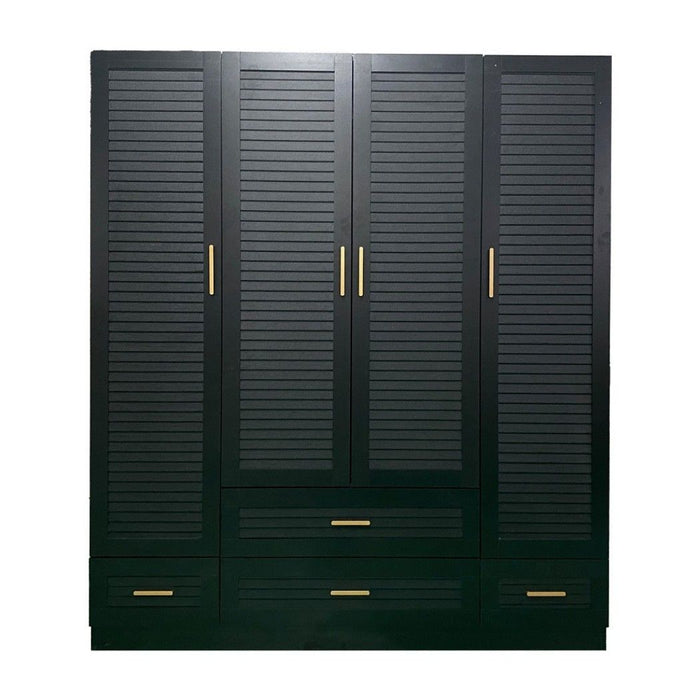 HomeRoots 71-inch black wood plantation shutter wardrobe with four doors and four drawers, versatile storage dresser.