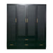 HomeRoots 71-inch black wood plantation shutter wardrobe with four doors and four drawers, versatile storage dresser.