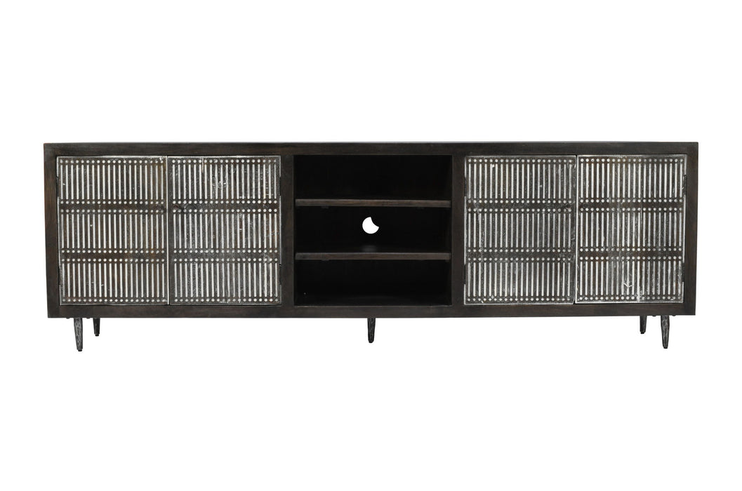 Dark brown 92-inch carved geometric distressed wood TV stand with open and enclosed storage, designed by HomeRoots.