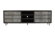 Dark brown 92-inch carved geometric distressed wood TV stand with open and enclosed storage, designed by HomeRoots.