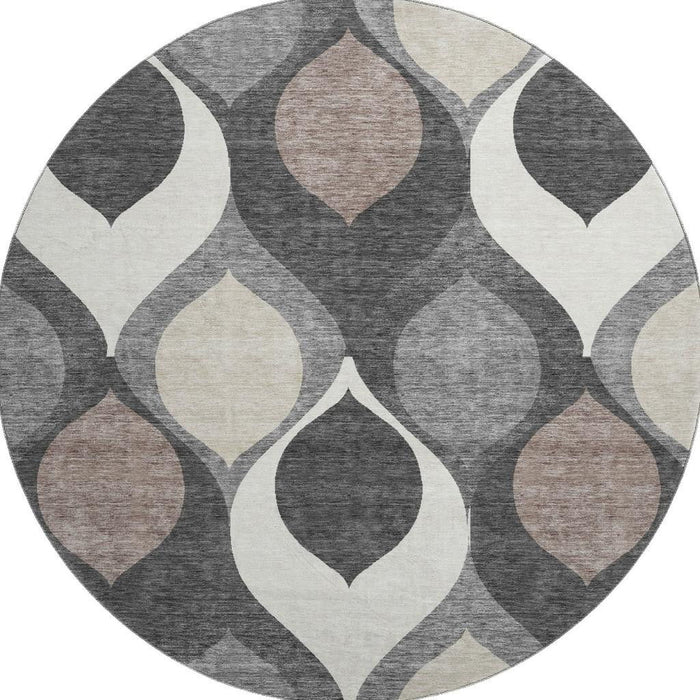 8' Ogee Washable Round Rug With UV Protection - Gray