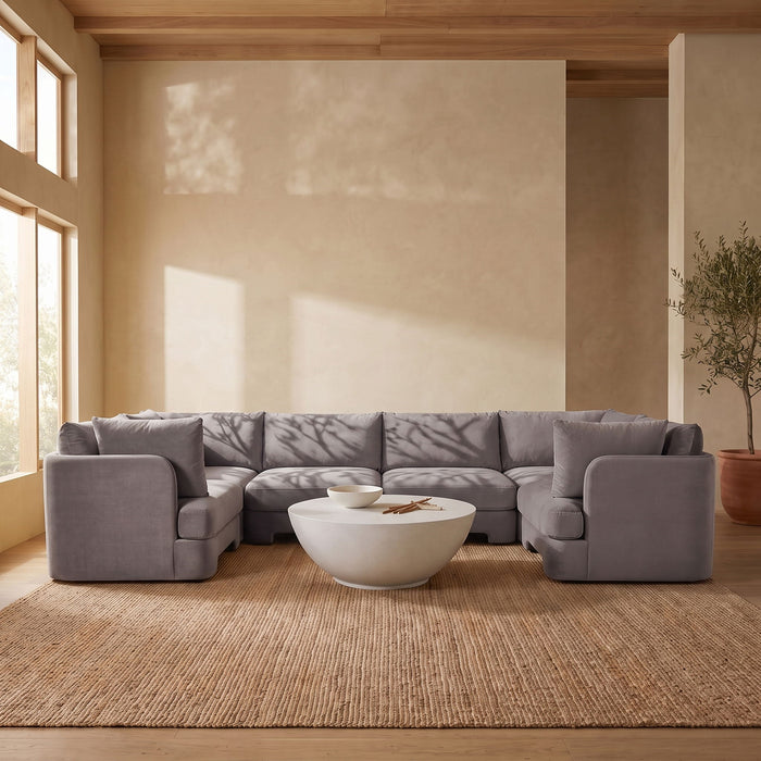 Meridian Furniture Hammond velvet performance fabric U-shaped sectional sofa with six pieces, stationary living room furniture.