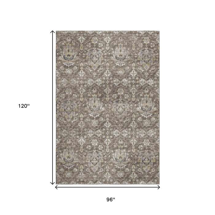 8' X 10' Floral Medallion Distressed Washable Area Rug With UV Protection (644560) - Taupe / Ivory / Gold