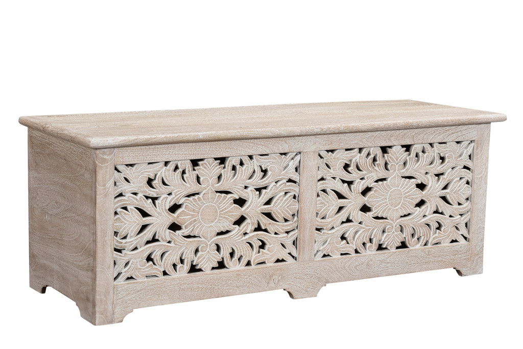 52" Distressed Solid Wood Carved Floral Storage Ottoman - White