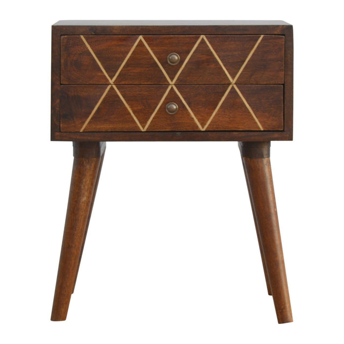 22" Solid Wood Geometric Brass Inlay Two Drawer Nightstand - Chestnut