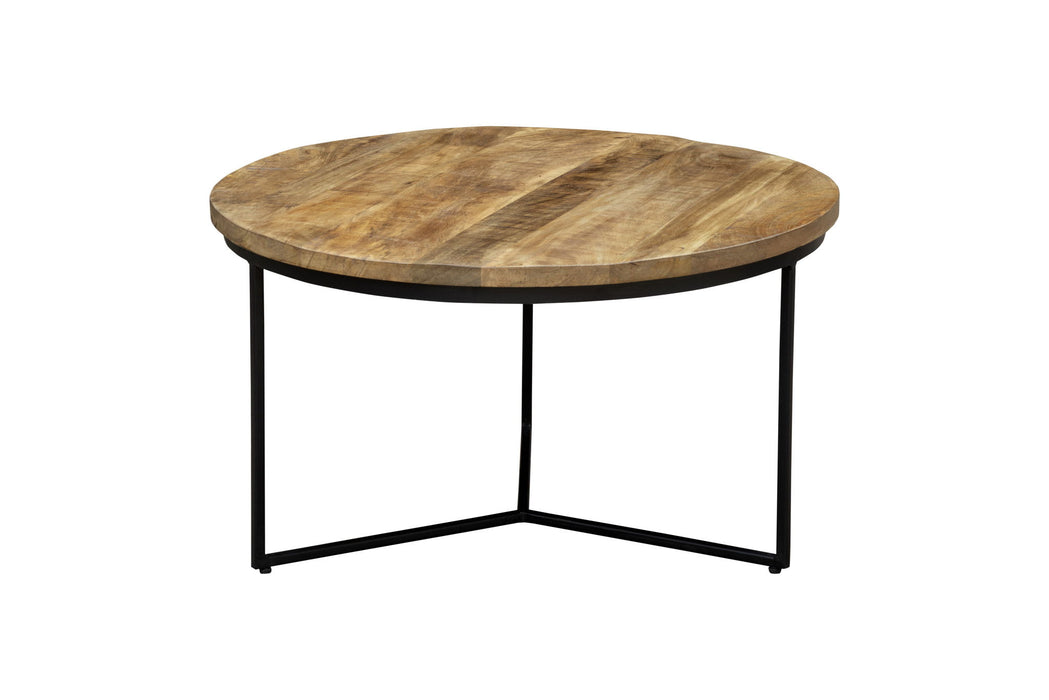 32" Solid Wood And Iron Round Distressed Cross Legs Coffee Table - Black And Natural