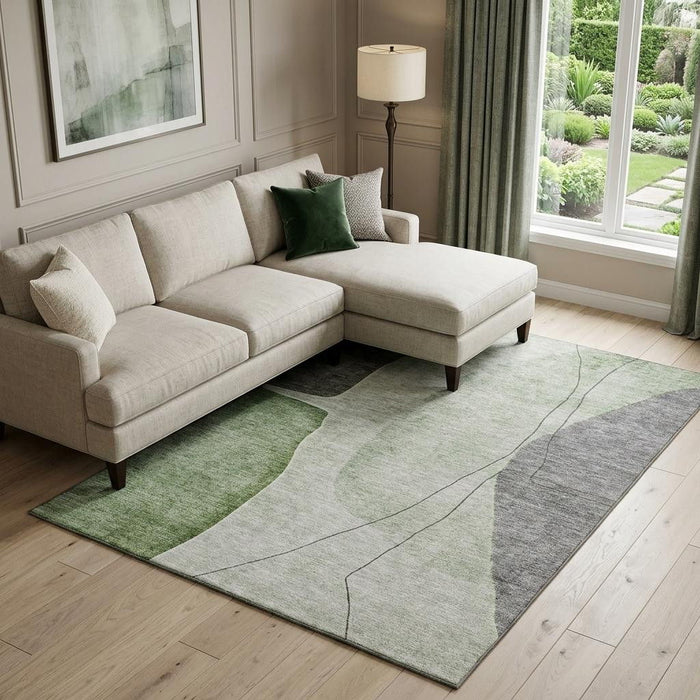 9' X 12' Abstract Washable Area Rug With UV Protection (656566) - Green / Gray / Ivory