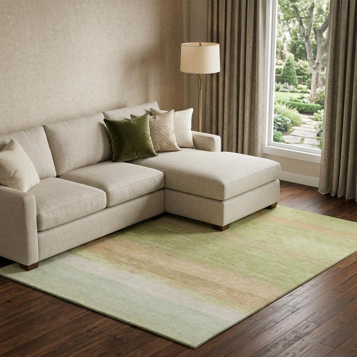 10' X 14' Striped Washable Area Rug With UV Protection (692655) - Artichoke Green / Ivory / Beige