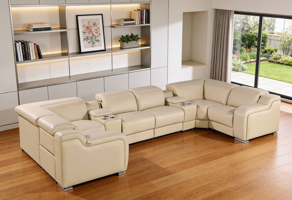 Italian Leather Power Reclining U Shaped 8 Piece Corner Sectional With Console - Beige