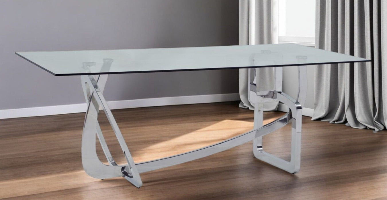 79" Glass And Stainless Steel Trestle Base Dining Table - Silver