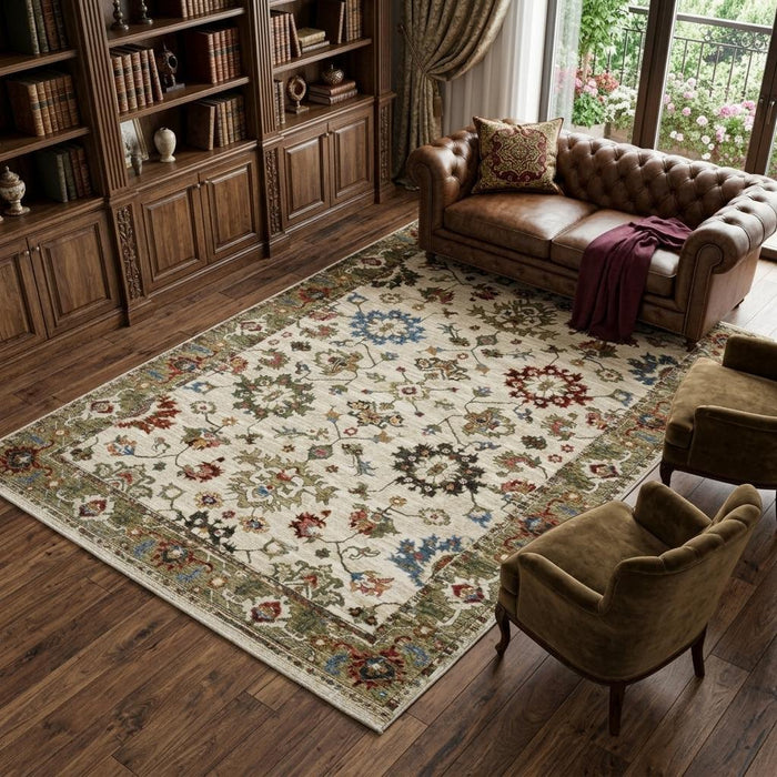 8' X 11' Oriental Area Rug With Fringe (574914) - Ivory / Green / Red