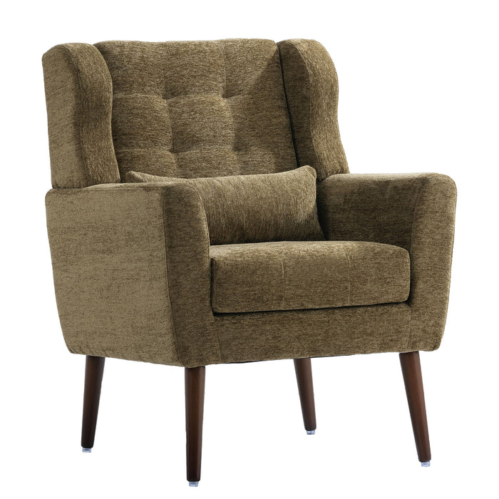 Giga modern upholstered accent arm chair with solid wood legs, soft padding, and pillow, ideal for living room or bedroom seating.