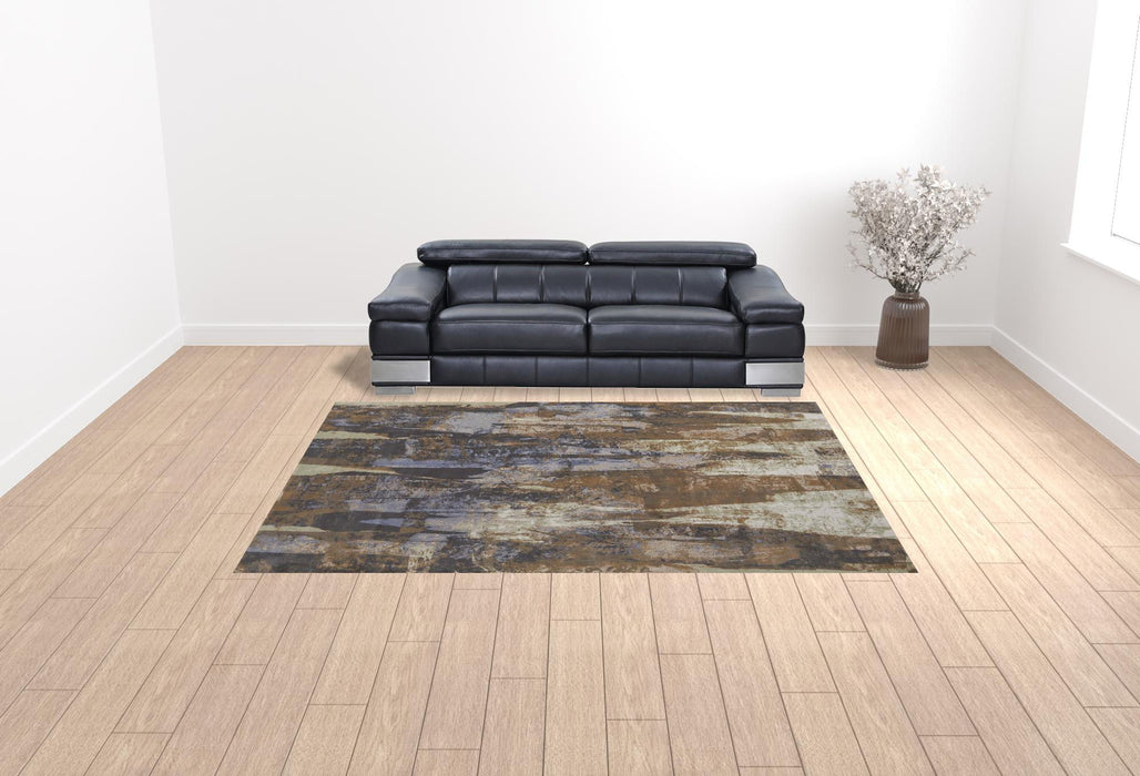 9' x 12' Abstract Power Loom Distressed Area Rug - Brown Blue And Ivory