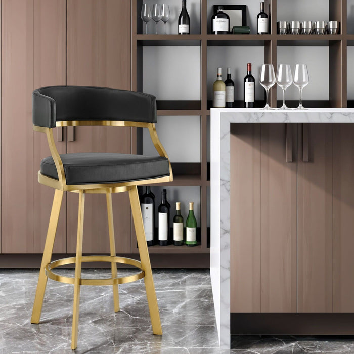 30" Faux Leather And Stainless Steel Low Back Bar Height Swivel Bar Chair - Black / Gold
