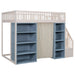 White Giga loft bed with built-in staircase, curtain, and two four-layer storage cabinets, featuring a privacy curtain and compact design.