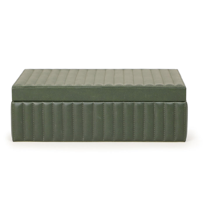 Green ribbed vegan leather storage box by TOV Furniture, designed for hospitality use, with a basket-style appearance and sturdy construction.