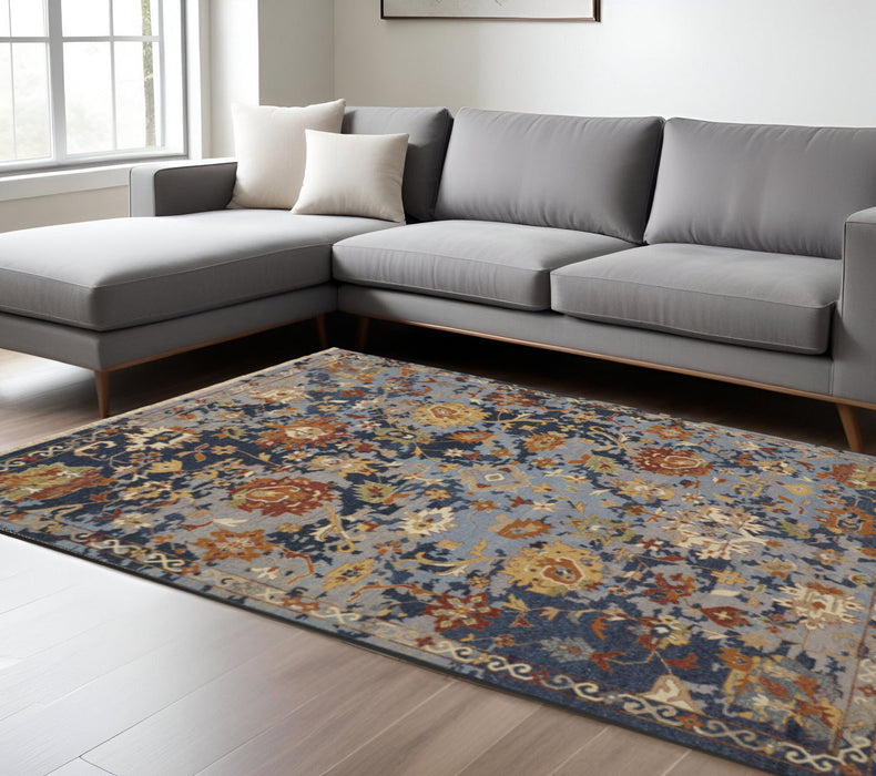 9' X 13' Floral Hand Knotted Area Rug With Fringe - Blue