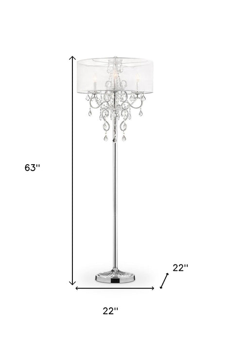 Steel Three Light Candelabra Floor Lamp With Drum Shade - Silver White