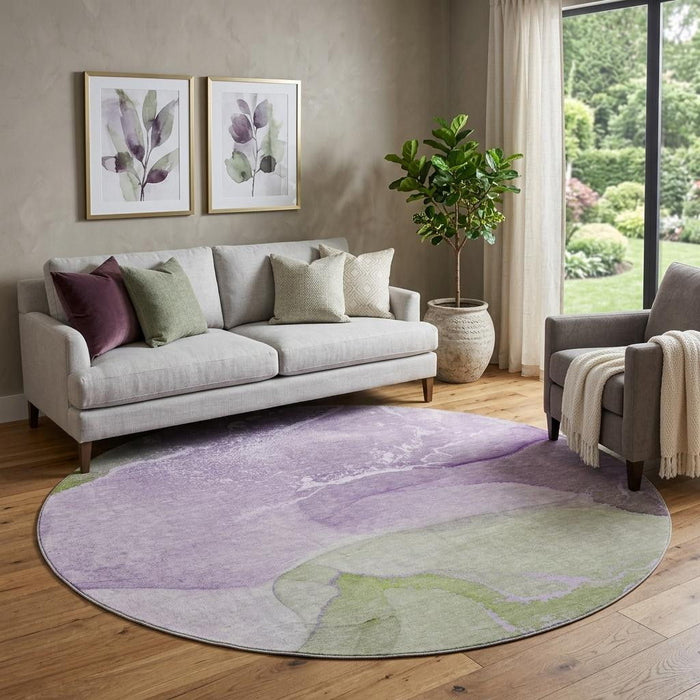 8' Abstract Washable Round Rug With UV Protection (647209) - Purple / Green / Ivory