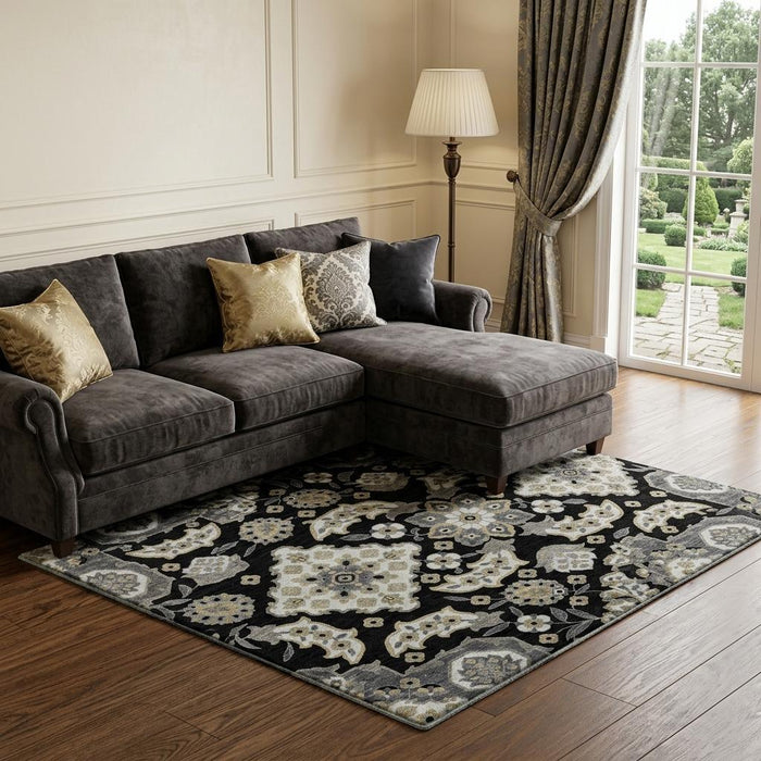 10' X 14' Floral Medallion Washable Area Rug With UV Protection (705821) - Black / Beige