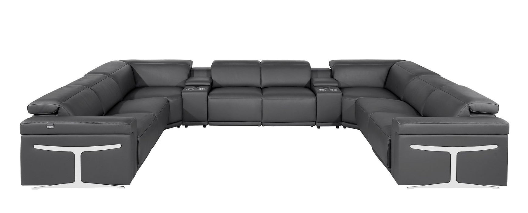 Italian Leather Power Reclining U Shaped Ten Piece Corner Sectional With Console - Dark Gray