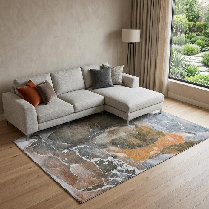 8' X 10' Abstract Washable Area Rug With UV Protection (646690) - Orange / Charcoal