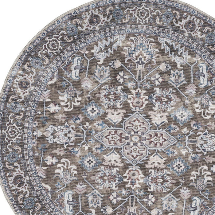4' Floral Power Loom Worn Faded Round Rug (573482) - Green