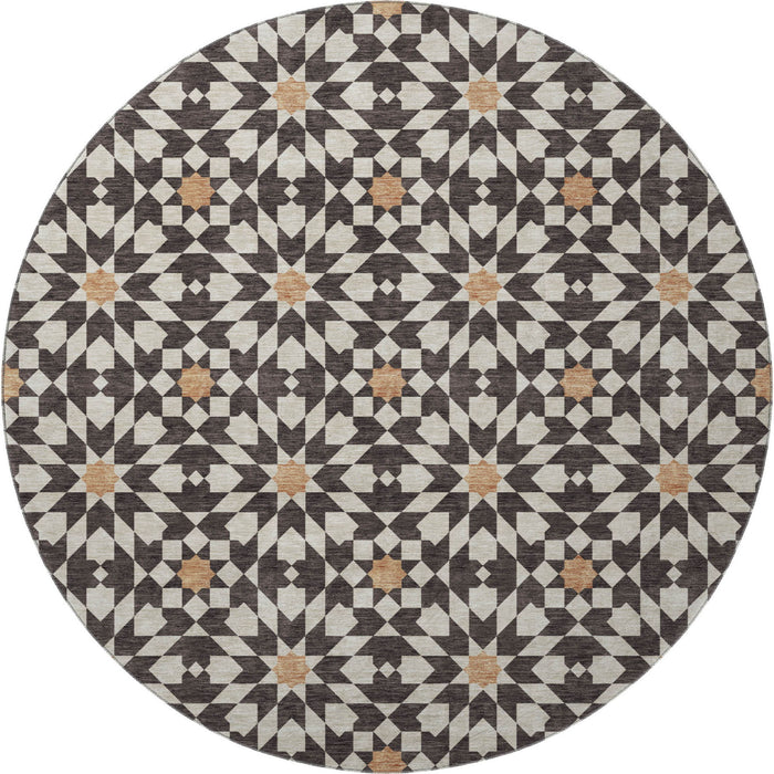 8' Copper Geometric Washable Round Rug With UV Protection - Charcoal