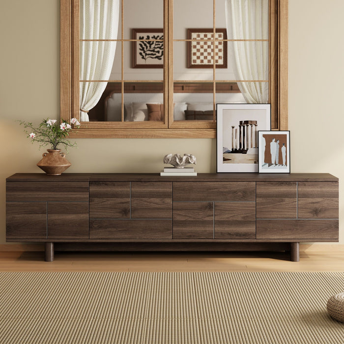 Dark brown Giga TV stand for TVs up to 85 inches with cable management, push openers, soft closing hinges, and adjustable shelves.
