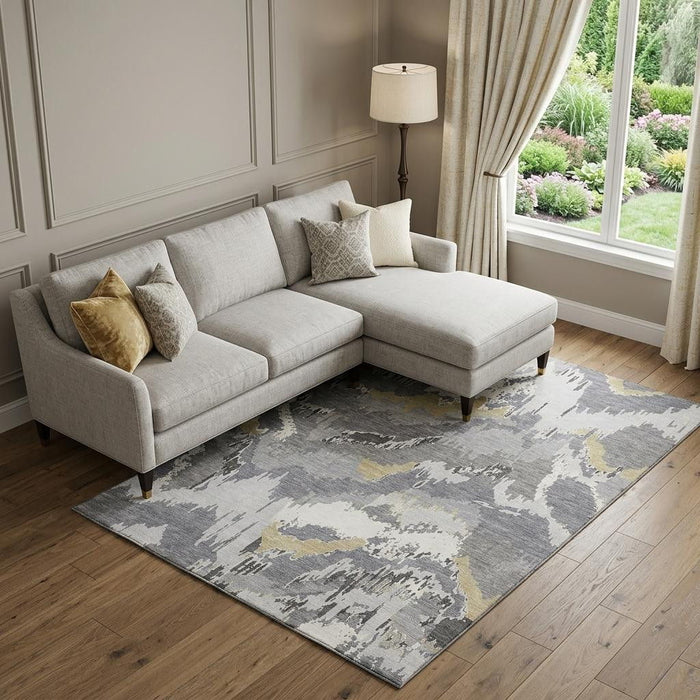 10' X 14' Abstract Washable Area Rug With UV Protection (668657) - Gray / Gold / Ivory