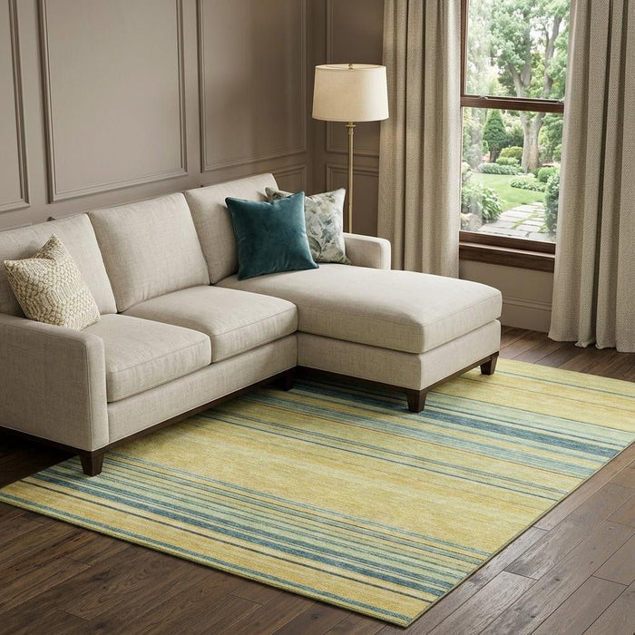 10' X 14' Striped Washable Area Rug With UV Protection (677357) - Yellow / Ivory / Wheat
