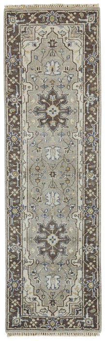 8' Medallion Hand Knotted Runner Rug With Fringe - Beige Blue And Gray