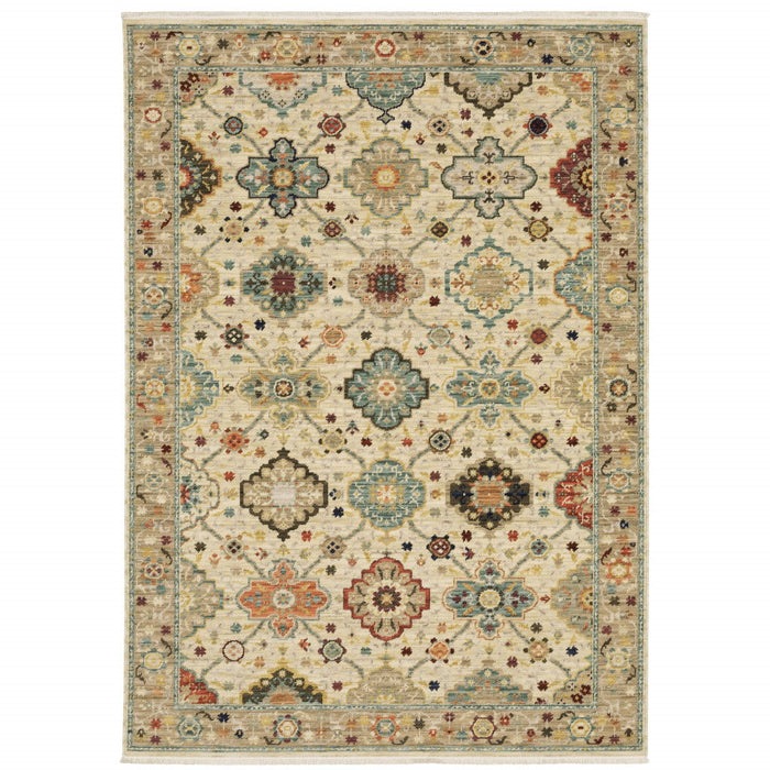 8' x 11' Oriental Power Loom Stain Resistant Area Rug With Fringe - Beige Pale Blue Rust Gold Tan Brown And Orange