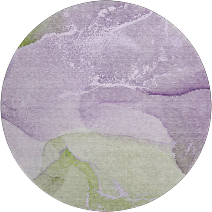 8' Abstract Washable Round Rug With UV Protection (647209) - Purple / Green / Ivory