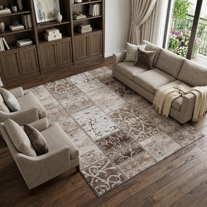 8' X 10' Patchwork Distressed Washable Area Rug With UV Protection (649550) - Beige / Ivory
