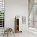 Giga freestanding bathroom side cabinet with single door and three open shelves in black, light oak, and white finishes.
