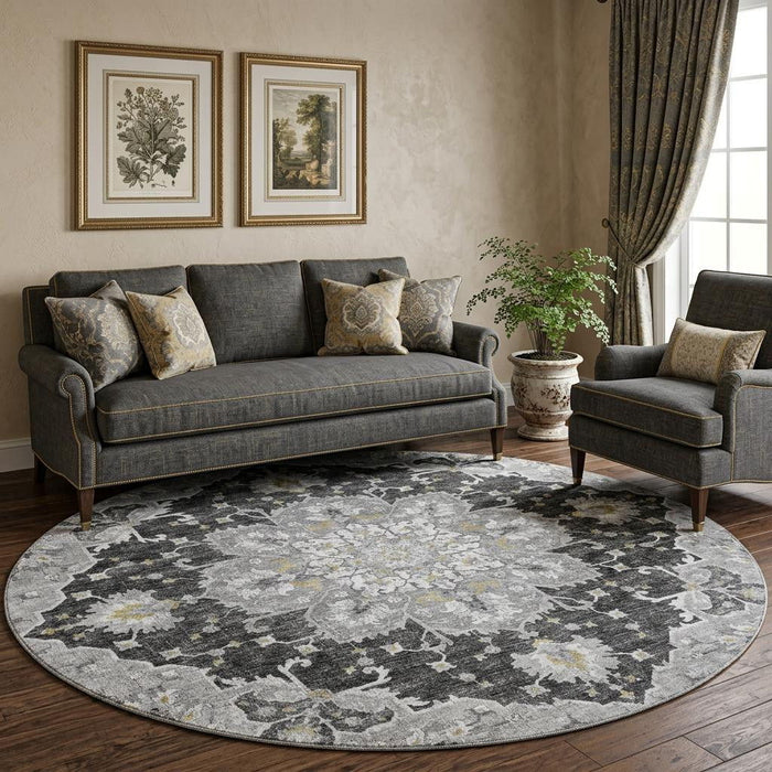 8' Floral Medallion Distressed Washable Round Rug With UV Protection (644547) - Graphite / Gold / Charcoal