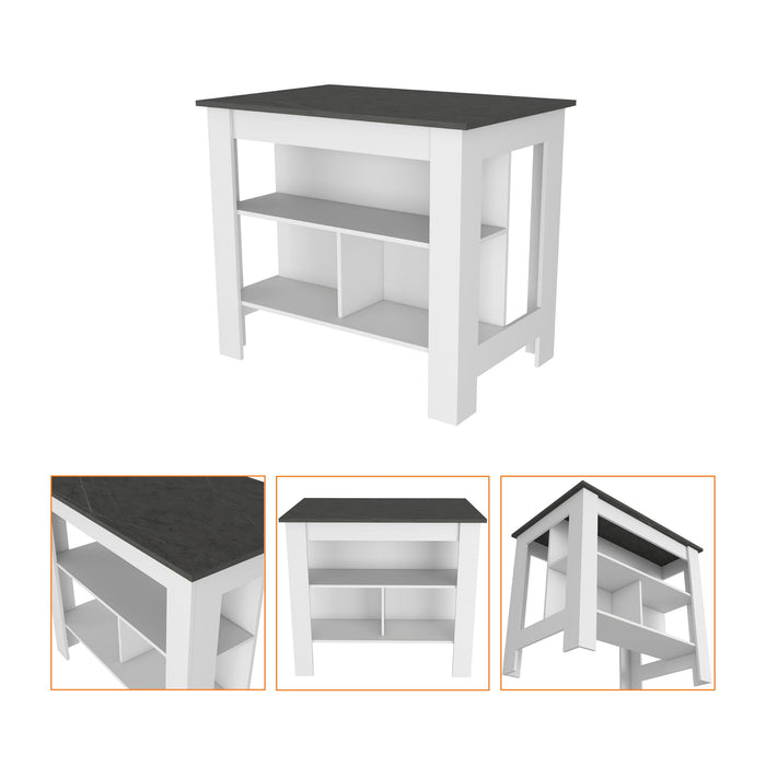 Dark Wood Flat Door Kitchen Island Set With Storage - Gray / White