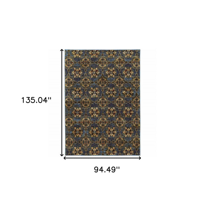 8' x 11' Oriental Power Loom Area Rug - Blue And Gold