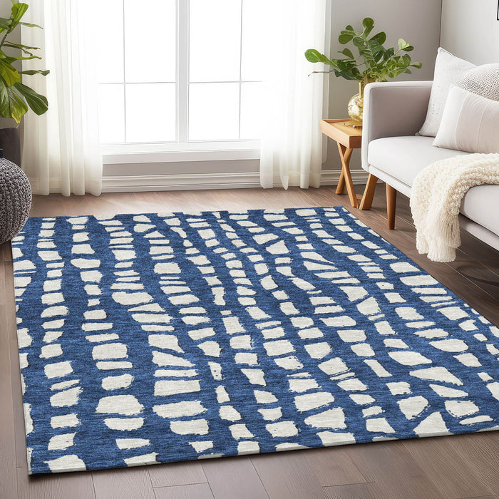 10' X 14' Cobblestone Washable Area Rug With UV Protection - Navy Blue And Ivory