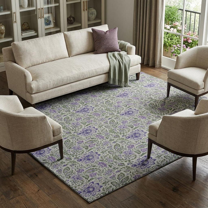 10' X 14' Floral Washable Area Rug With UV Protection (655000) - Olive Green / Purple