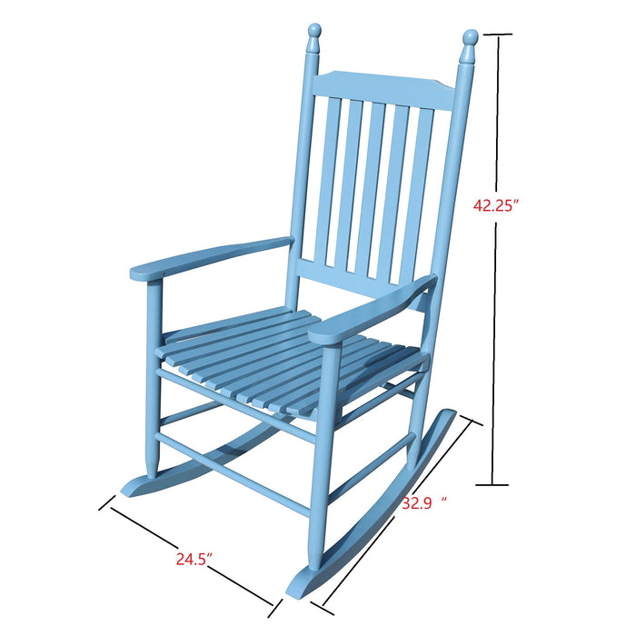 Giga wooden porch rocker chair with curved armrests and slatted backrest, designed for outdoor relaxation on a porch.