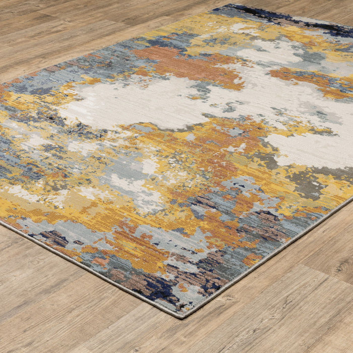8' x 11' Abstract Power Loom Stain Resistant Area Rug - Yellow Gold Blue Gray Brown And Beige