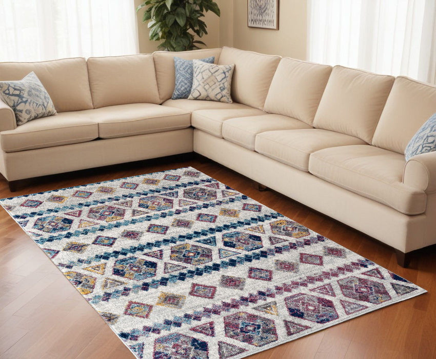 9' x 12' Geometric Power Loom Area Rug - Ivory Blue And Orange