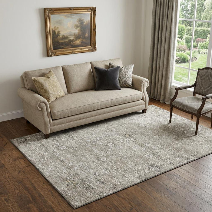 5' X 8' Floral Medallion Distressed Washable Area Rug With UV Protection (644206) - Stone / Coffee