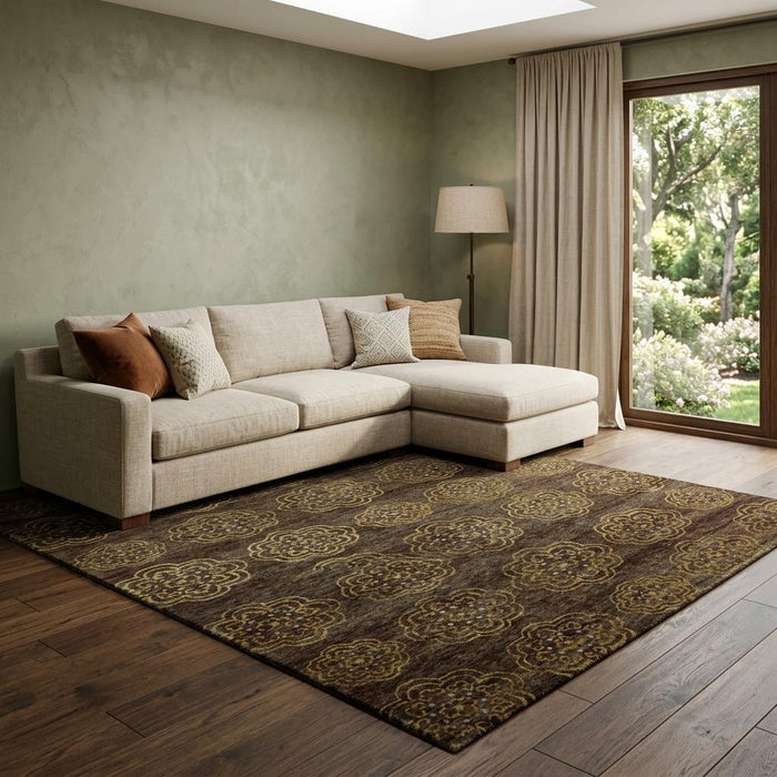 9' X 12' Floral Hand Knotted Area Rug (744335) - Brown / Yellow / Gold