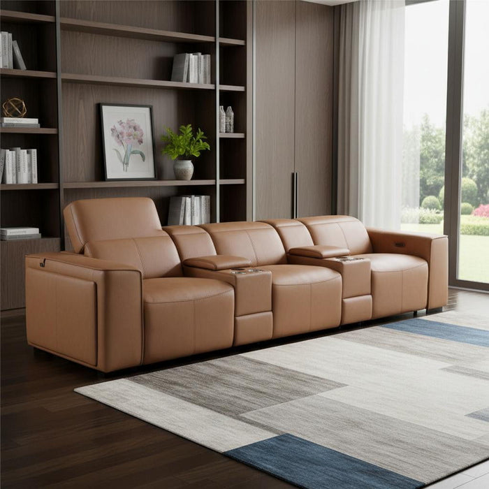 Top Grain Leather Reclining Metal USB Sofa (720396) - Chestnut