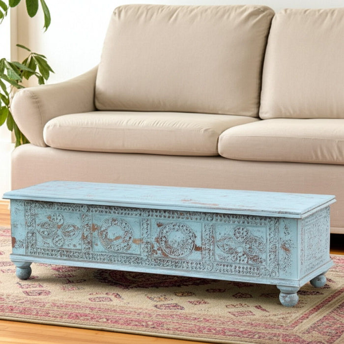 54" Carved And Distressed Solid Wood Lift Top Coffee Table - Pastel Pink